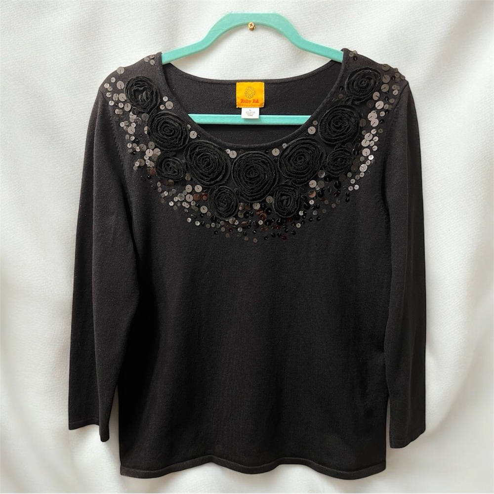 Ruby Rd Black Embellished 3/4 Sleeve Blouse